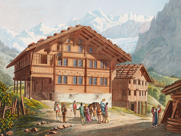 Locanda a Grindelwald; in primo piano un gruppo di viaggiatori, sullo sfondo montagne