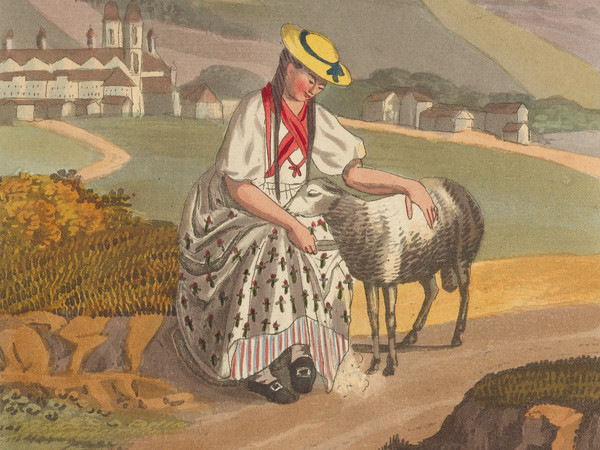 Figura intera femminile in costume tradizionale del Cantone di Svitto, seduta mentre accarezza una pecora, inserita in un paesaggio con l’Abbazia di Einsiedeln sullo sfondo