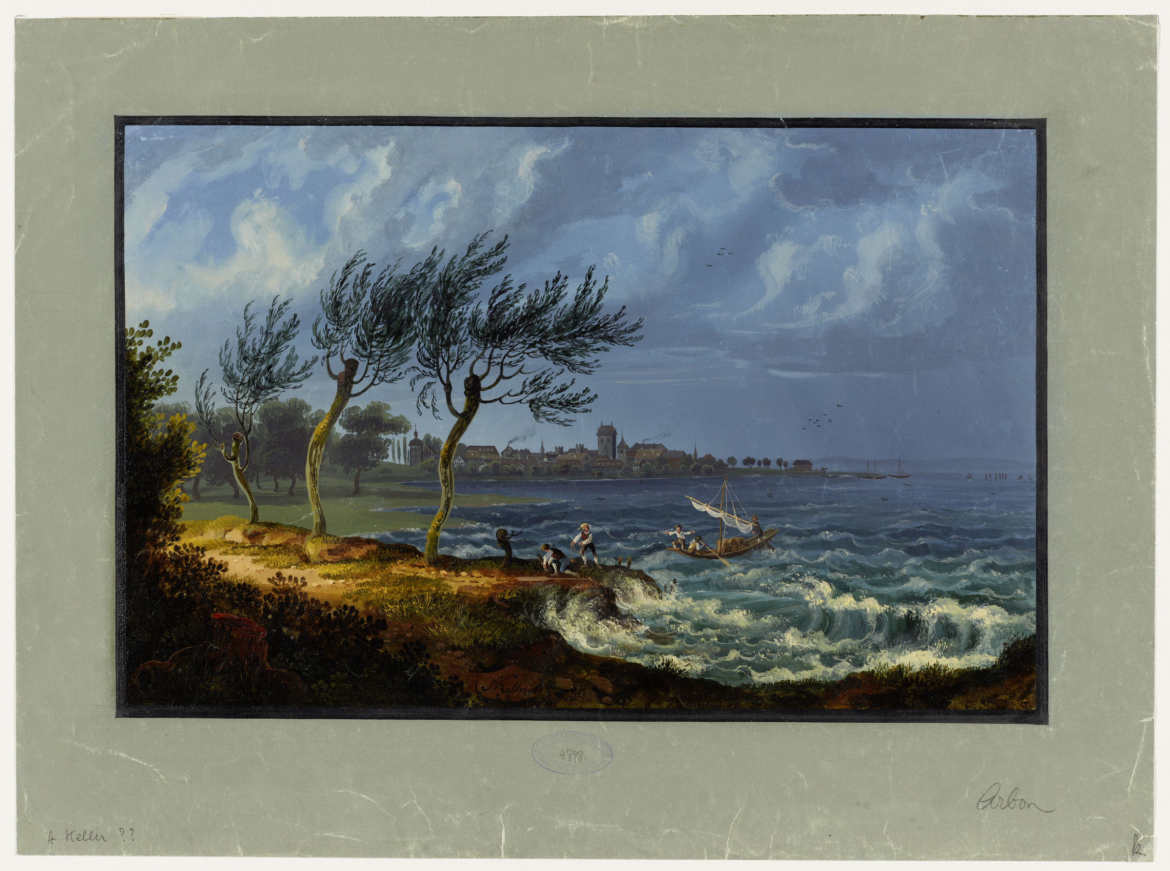 Arbon, vue générale depuis le sud-est. Lac de Constance ; bateau ; orage