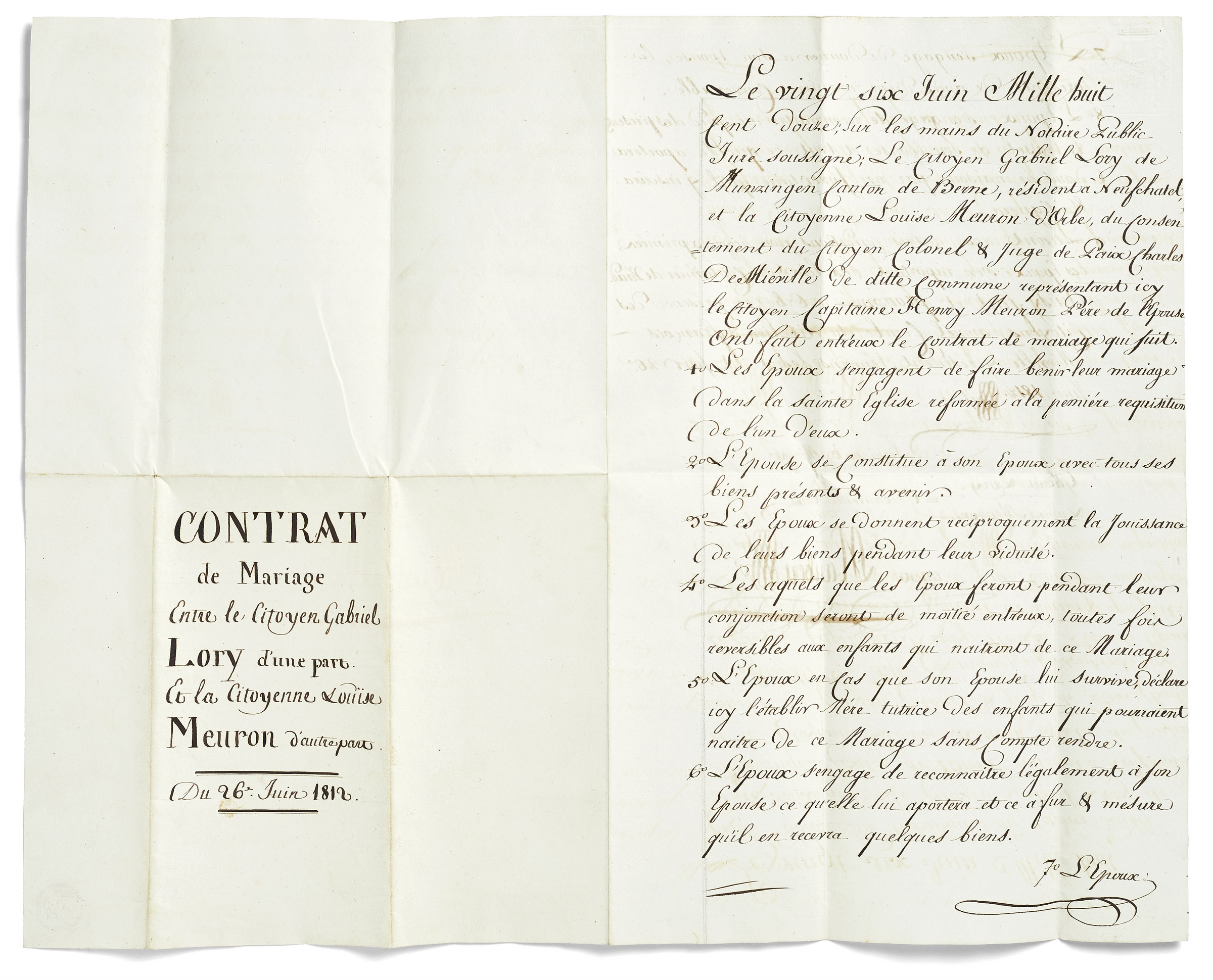 Certificato di matrimonio tra Henriette-Louise de Meuron e Gabriel Lory «Fils»