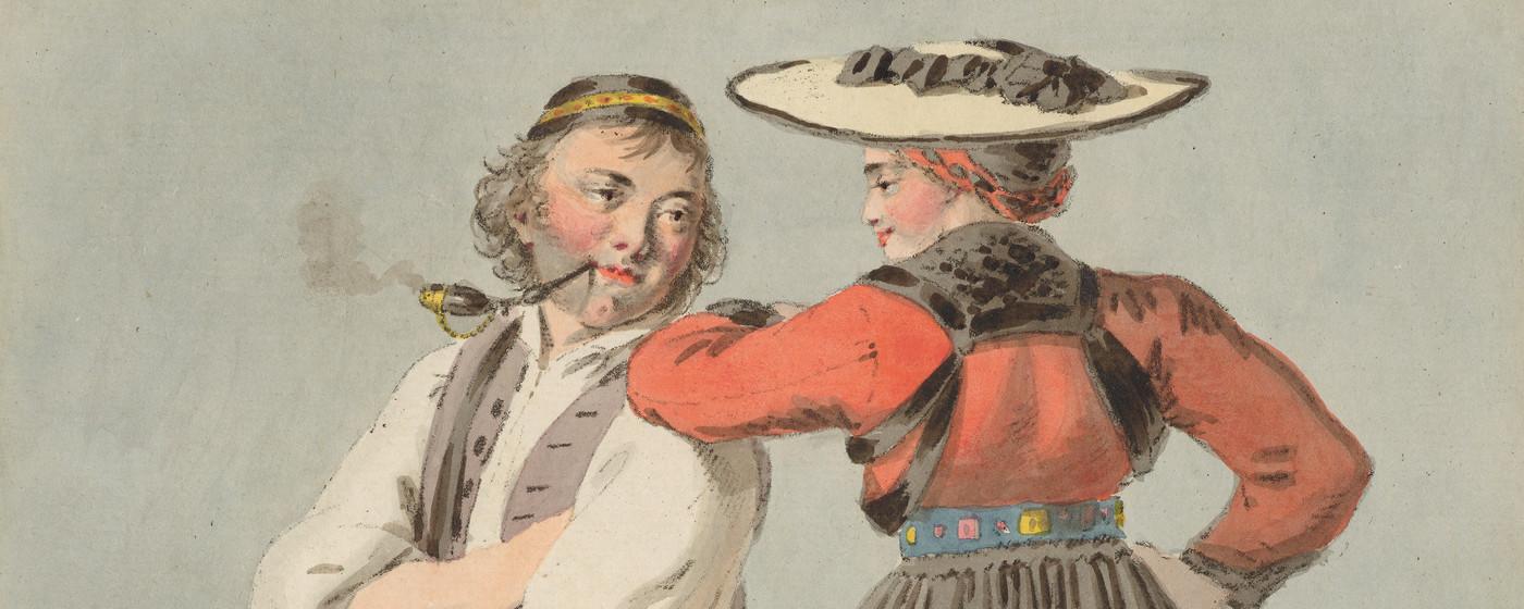 Figura intera maschile e femminile nel costume tradizionale del Cantone di Friburgo, l’uomo seduto su una brenta per il latte e la donna girata di spalle