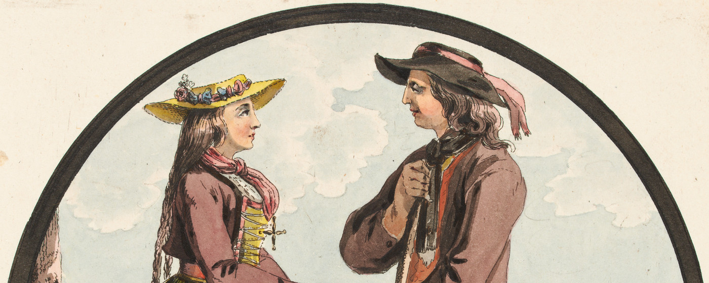 Uomo e donna a figura intera, di profilo, in costume tradizionale del Cantone di Zugo, fontana e paesaggio montano sullo sfondo