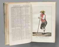 Figura intera maschile nel costume tradizionale dell’Untervaldo, girata di tre quarti e appoggiata a un bastone