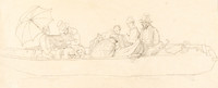 Disegno a matita di una barca in cui siedono uomini e donne che disegnano