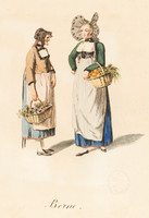 Due figure intere femminili in costume tradizionale bernese secondo la vecchia e la nuova moda