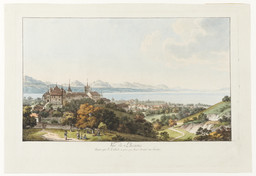 Lausanne, Panoramablick aus nordöstlicher Richtung. Schloss; Garten; Genfer See; Ernte