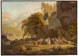 Festa alpina a Oberhasli; coppie danzanti e suonatori di flauto su un pascolo alpino, circondati da gruppi in costume tradizionale nonché da mucche, capre e cani; a sinistra nella vallata il corso dell’Aar, dietro le cascate del Reichenbach e il massiccio del Wetterhorn